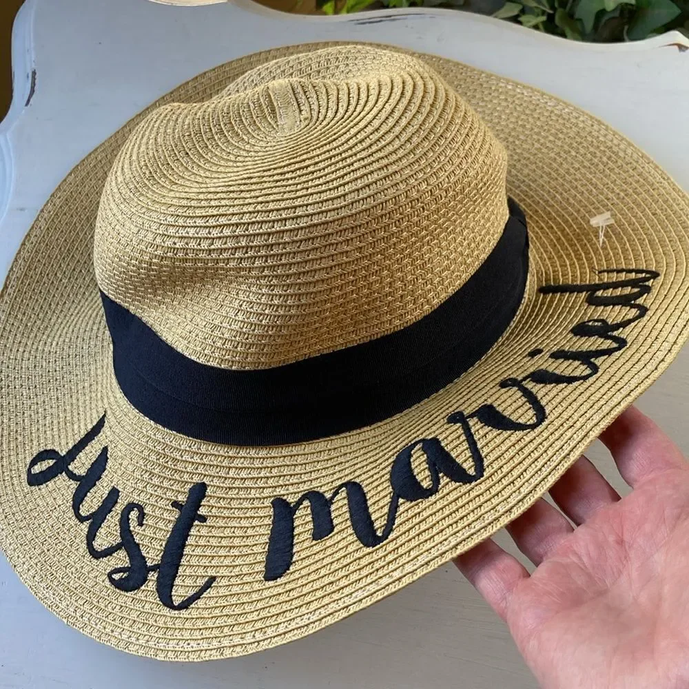 C.C Floppy Paper Straw Wide Brim Hat Embroidered Just Married OS